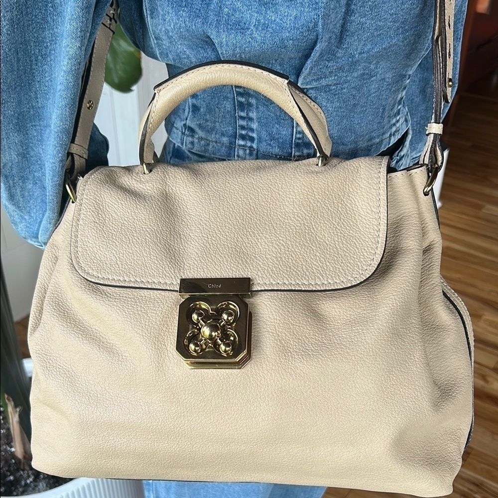 CHLOÉ Elsie Cream Pebbled Leather Shoulder Bag Gold Hardware Crossbody